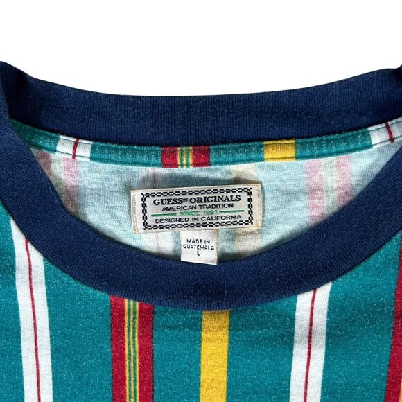 VTG Guess Originals Guess Los Angeles Shirt Men's Sz L Striped Green Navy Collar - Picture 5 of 8